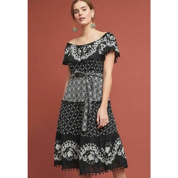 by Anthropologie Marisol Off-Shoulder Embroidered Midi Dress Black Fit & Flare 6 - Picture 4 of 16